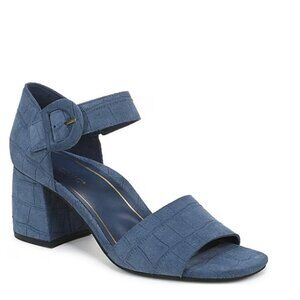 Vionic Chardonnay Croco Embossed Suede Dress Dark Denim Sandals Size 7.5